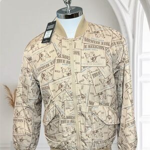 True Religion Mens S Aviation Series SRS AOP Bomber Travertine/Beige Jacket NWT